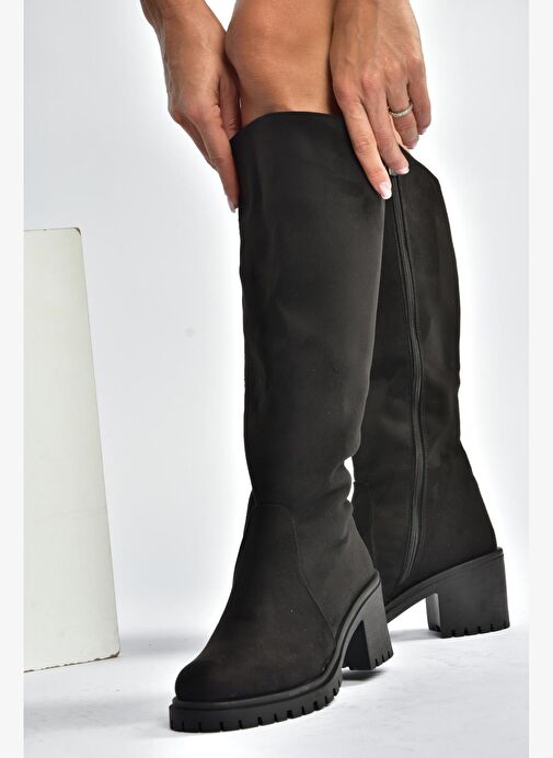 V726800202 Siyah Süet Kalın Topuklu Klasik Kadın Çizme - Görsel 5