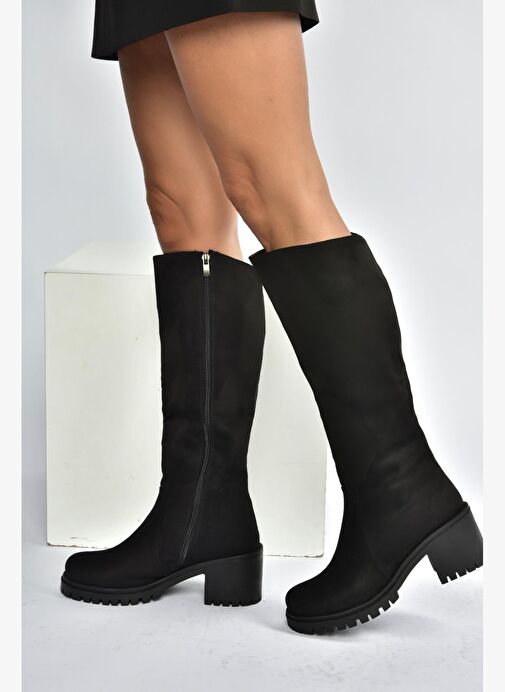 V726800202 Siyah Süet Kalın Topuklu Klasik Kadın Çizme - Görsel 4