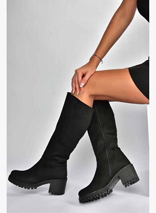 V726800202 Siyah Süet Kalın Topuklu Klasik Kadın Çizme - Görsel 3