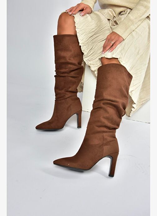 L404868002 Kahverengi Süet İnce Topuklu Kadın Çizme - Görsel 2