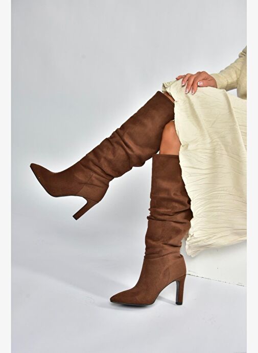 L404868002 Kahverengi Süet İnce Topuklu Kadın Çizme - Görsel 4