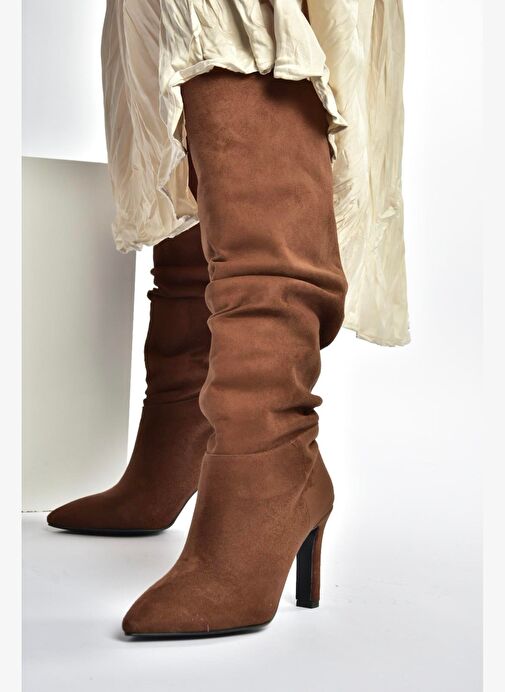 L404868002 Kahverengi Süet İnce Topuklu Kadın Çizme - Görsel 5