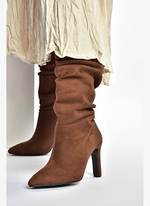 L404868002 Kahverengi Süet İnce Topuklu Kadın Çizme - Görsel 3