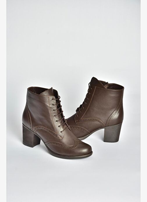 V468300903 Kahverengi Hakiki Deri Kalın Topuklu Kadın Bot - Görsel 2