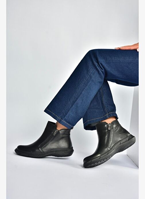 V398577603 Siyah Hakiki Deri Kadın Bot - Görsel 5