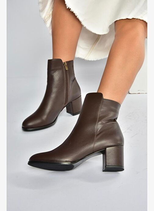 V468581003 Kahverengi Hakiki Deri Kalın Topuklu Kadın Bot - Görsel 3