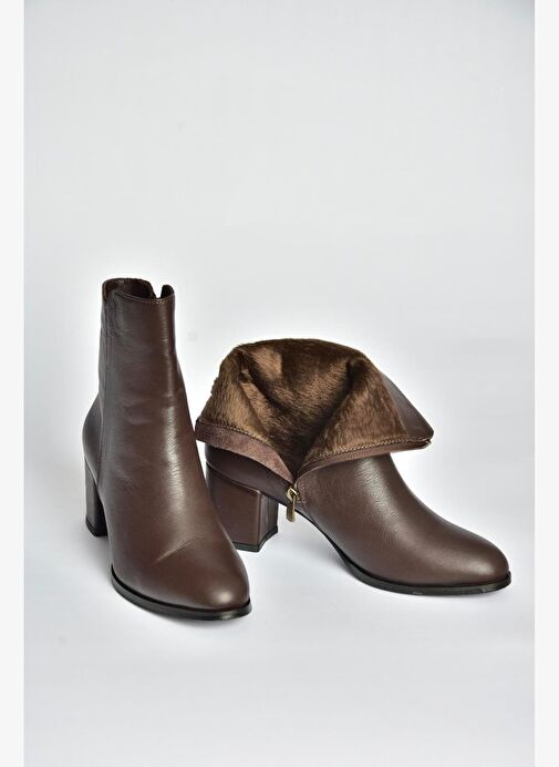 V468581003 Kahverengi Hakiki Deri Kalın Topuklu Kadın Bot - Görsel 2