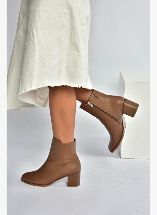 V468581003 Vizon Hakiki Deri Kalın Topuklu Kadın Bot - Görsel 5