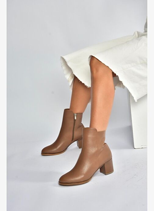 V468581003 Vizon Hakiki Deri Kalın Topuklu Kadın Bot - Görsel 2