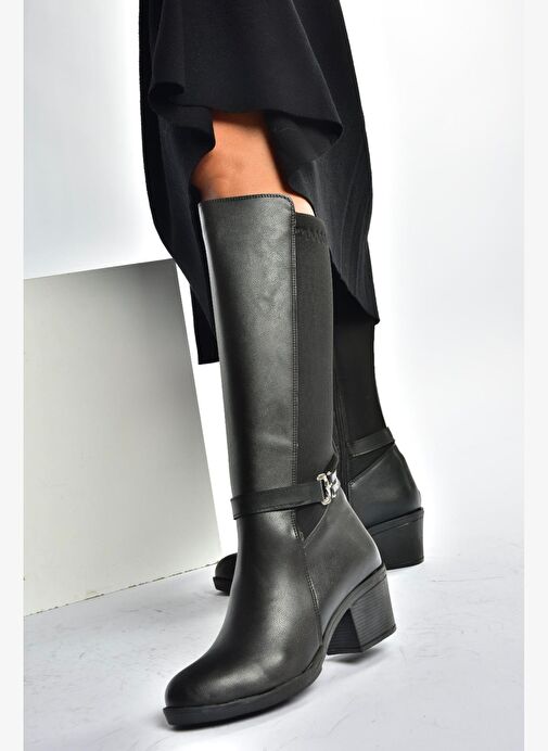 V965030509 Siyah Kalın Topuklu Arkası Lastik Detaylı Kadın Çizme - Görsel 3