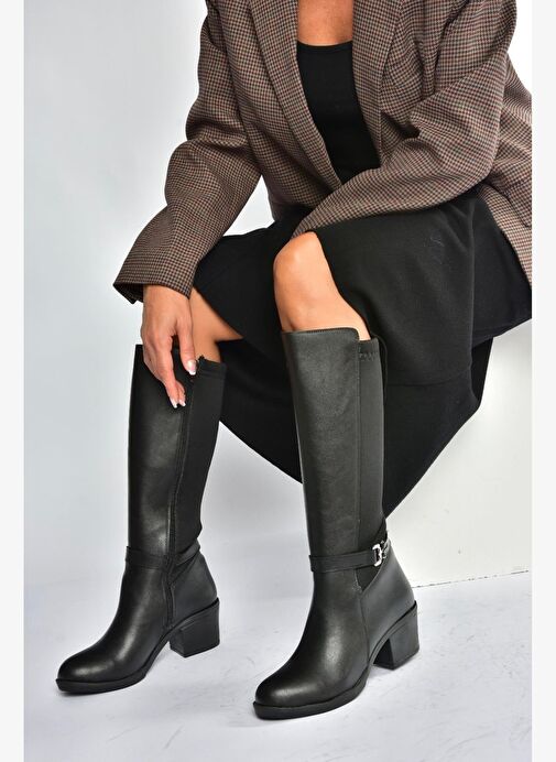 V965030509 Siyah Kalın Topuklu Arkası Lastik Detaylı Kadın Çizme - Görsel 6