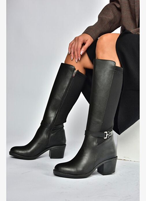 V965030509 Siyah Kalın Topuklu Arkası Lastik Detaylı Kadın Çizme - Görsel 5
