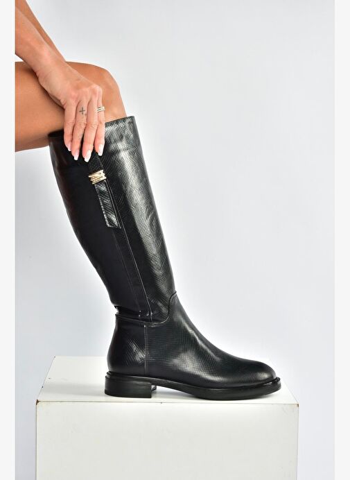 V973000807 Siyah Yılan Baskı Klasik Kadın Çizme - Görsel 2