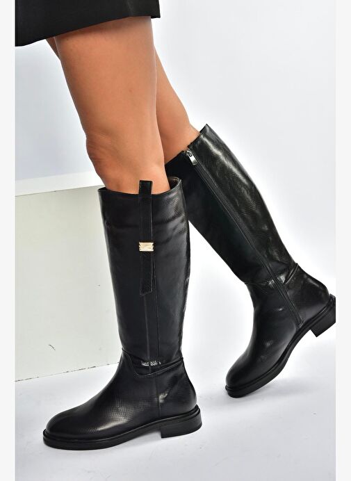 V973000807 Siyah Yılan Baskı Klasik Kadın Çizme - Görsel 5