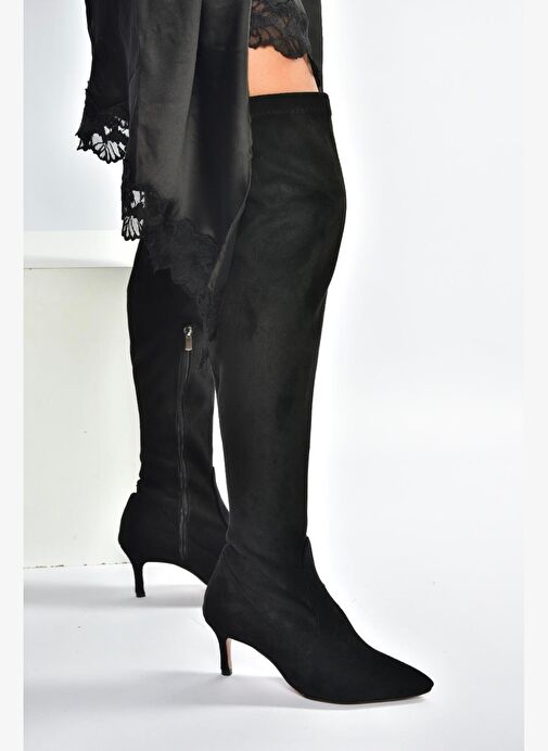 V997041602 Siyah Süet İnce Topuklu Streç Çorap Çizme - Görsel 3