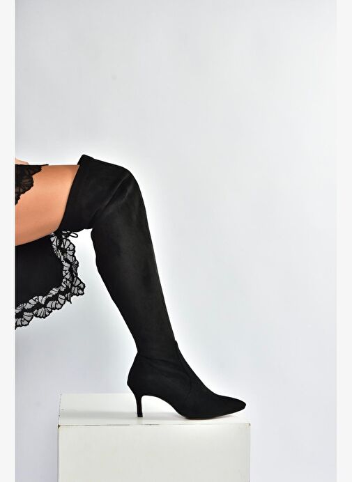 V997041602 Siyah Süet İnce Topuklu Streç Çorap Çizme - Görsel 2