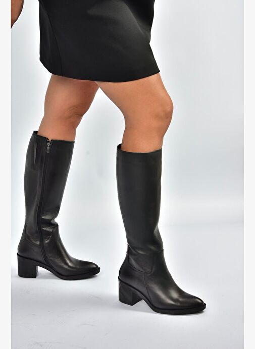 V398763203 Siyah Hakiki Deri Kalın Topuklu Kadın Çizme - Görsel 3