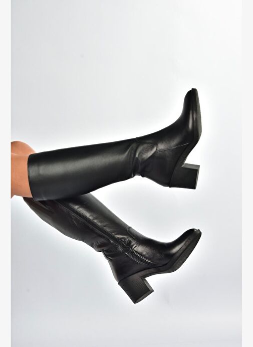 V398763203 Siyah Hakiki Deri Kalın Topuklu Kadın Çizme - Görsel 4