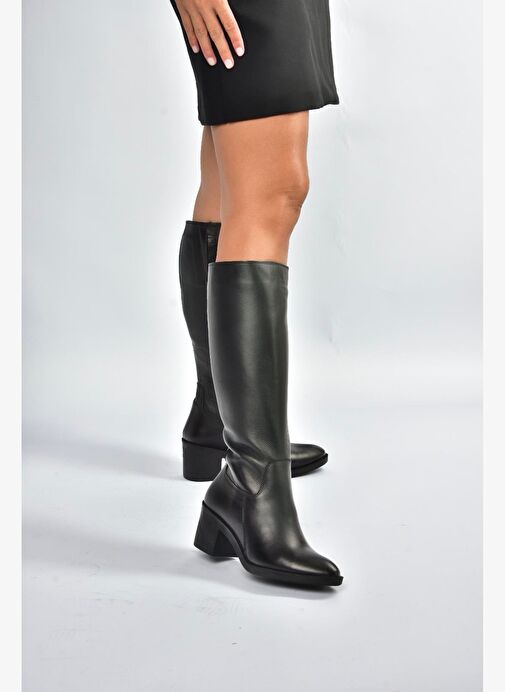 V398763203 Siyah Hakiki Deri Kalın Topuklu Kadın Çizme - Görsel 2
