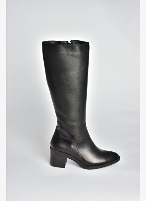 V398763203 Siyah Hakiki Deri Kalın Topuklu Kadın Çizme - Görsel 5
