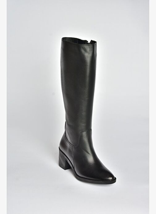V398763203 Siyah Hakiki Deri Kalın Topuklu Kadın Çizme - Görsel 7