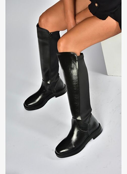 V312212360 Siyah Rustik Arkası Lastik Detaylı Kadın Çizme - Görsel 2