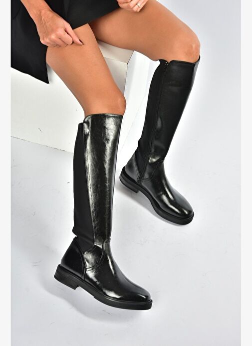 V312212360 Siyah Rustik Arkası Lastik Detaylı Kadın Çizme - Görsel 5