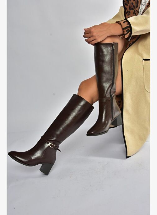 V973600509 Kahverengi Kalın Topuklu Kadın Çizme - Görsel 3