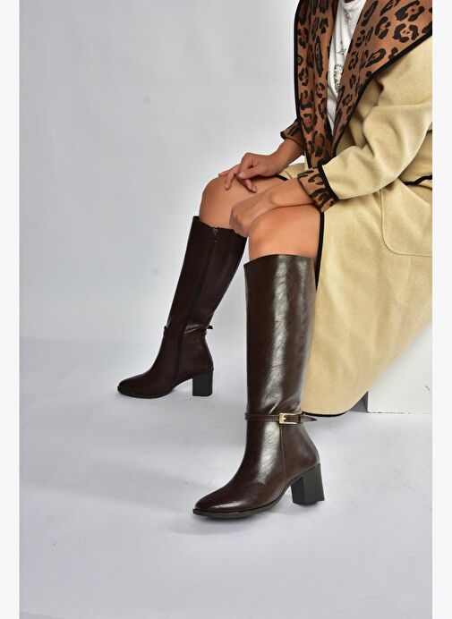 V973600509 Kahverengi Kalın Topuklu Kadın Çizme - Görsel 5