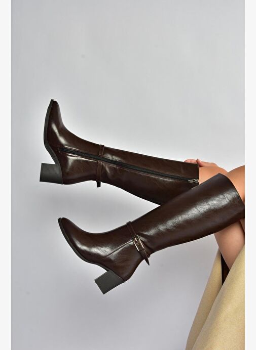 V973600509 Kahverengi Kalın Topuklu Kadın Çizme - Görsel 2