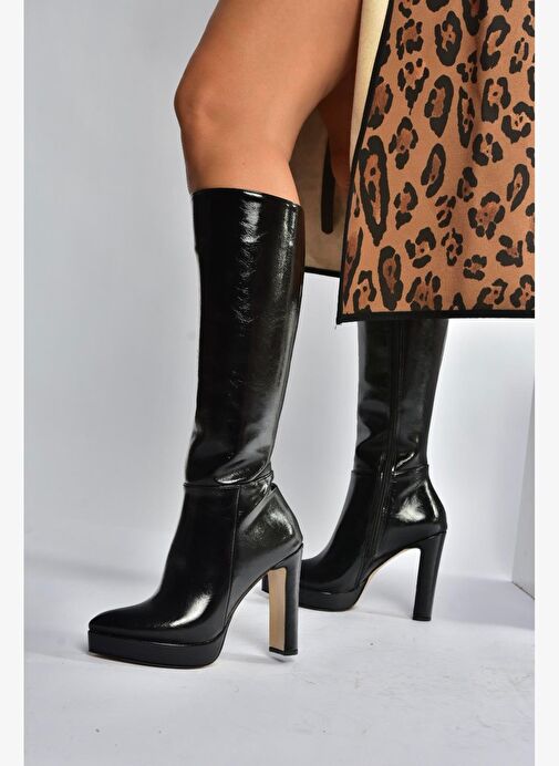 V820660660 Siyah Rustik Kalın Platform Topuklu Kadın Çizme - Görsel 3