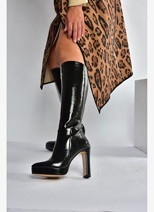 V820660660 Siyah Rustik Kalın Platform Topuklu Kadın Çizme - Görsel 2