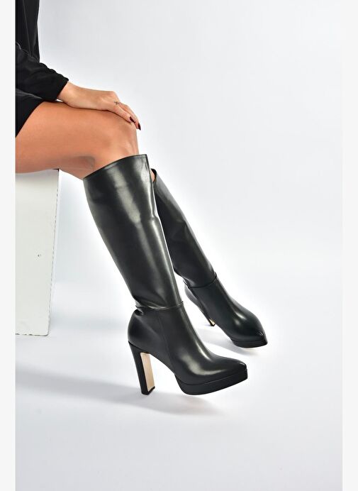 V820660609 Siyah Kalın Platform Topuklu Kadın Çizme - Görsel 5