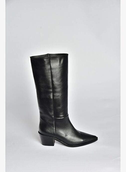 V654082103 Siyah Hakiki Deri Kalın Topuklu Kadın Çizme - Görsel 5