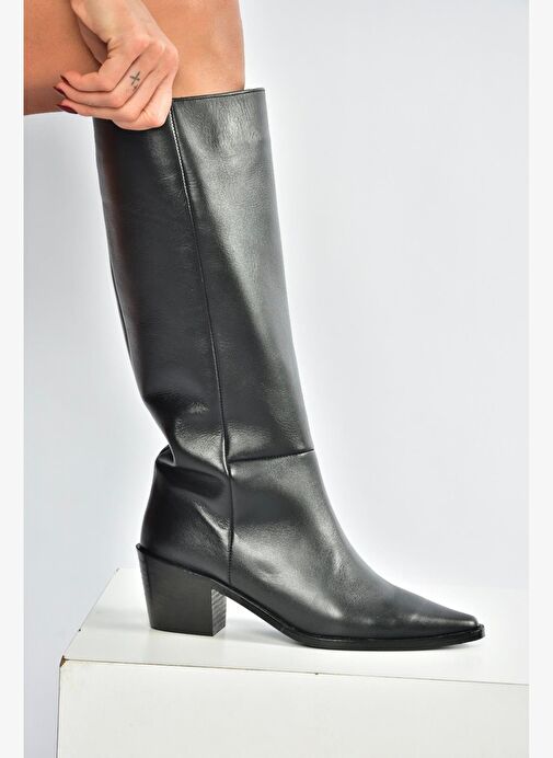 V654082103 Siyah Hakiki Deri Kalın Topuklu Kadın Çizme - Görsel 3