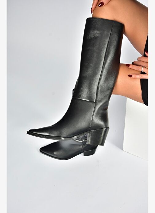 V654082103 Siyah Hakiki Deri Kalın Topuklu Kadın Çizme - Görsel 4
