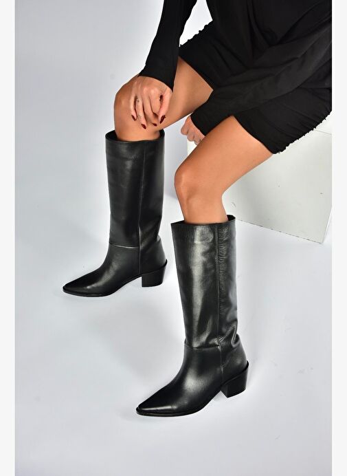V654082103 Siyah Hakiki Deri Kalın Topuklu Kadın Çizme - Görsel 2