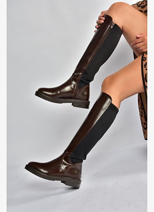 V312212360 Kahverengi Rustik Arkası Lastik Detaylı Kadın Çizme - Görsel 2
