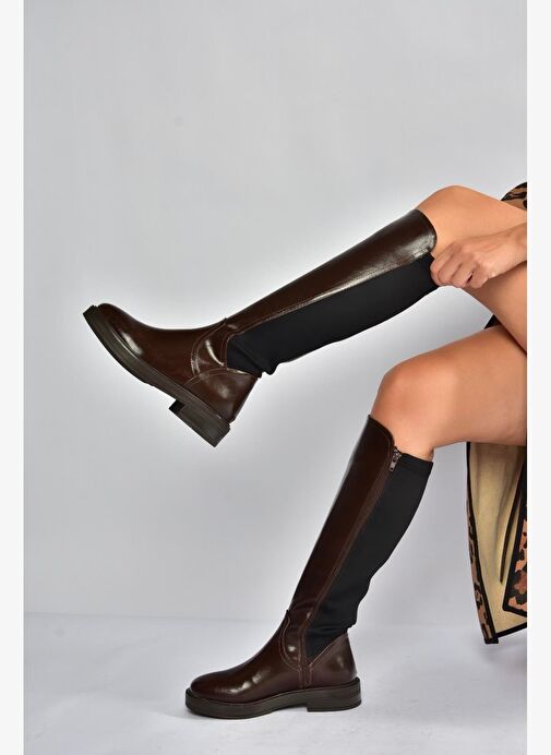 V312212360 Kahverengi Rustik Arkası Lastik Detaylı Kadın Çizme - Görsel 5