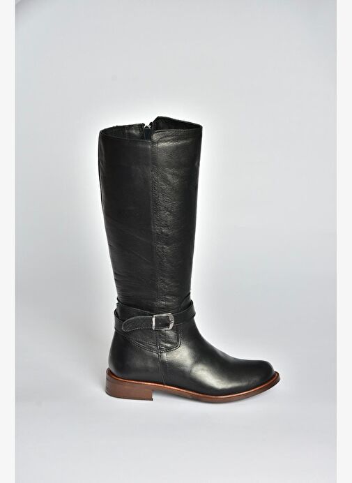 V398750603 Siyah Hakiki Deri Alçak Tabanlı Kadın Çizme - Görsel 2