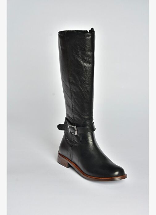 V398750603 Siyah Hakiki Deri Alçak Tabanlı Kadın Çizme - Görsel 3