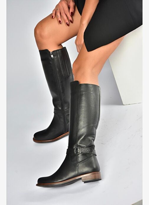V398750603 Siyah Hakiki Deri Alçak Tabanlı Kadın Çizme - Görsel 6