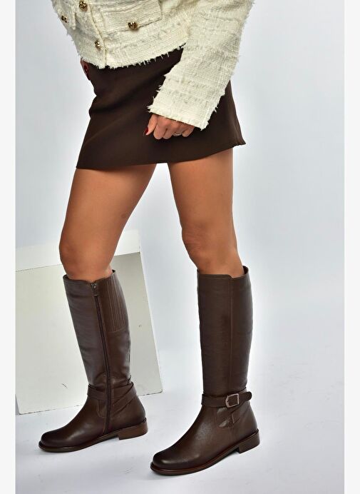 V398750603 Kahverengi Hakiki Deri Alçak Tabanlı Kadın Çizme - Görsel 6