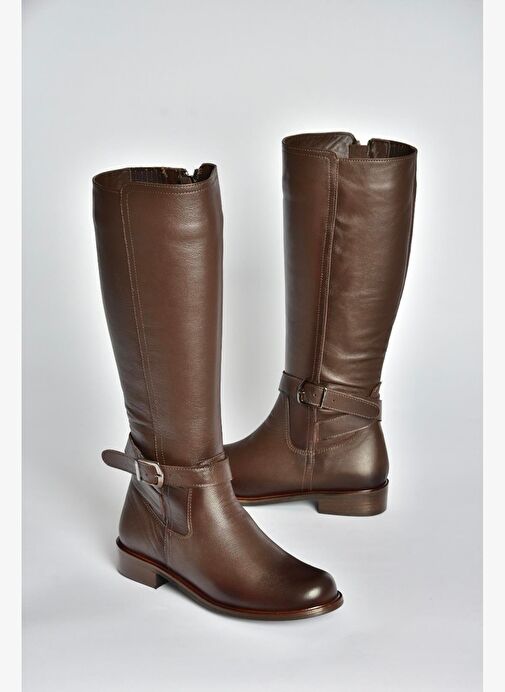 V398750603 Kahverengi Hakiki Deri Alçak Tabanlı Kadın Çizme - Görsel 9