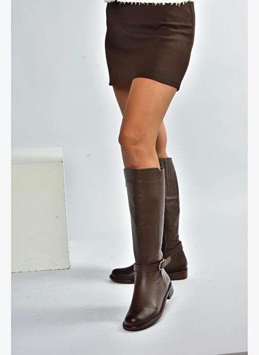 V398750603 Kahverengi Hakiki Deri Alçak Tabanlı Kadın Çizme - Görsel 4