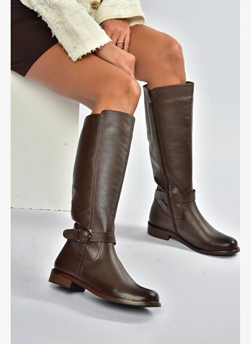 V398750603 Kahverengi Hakiki Deri Alçak Tabanlı Kadın Çizme - Görsel 5