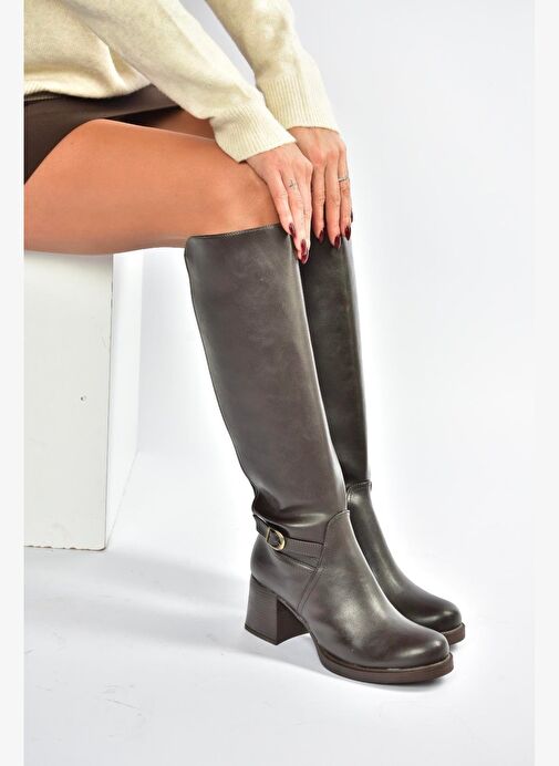 V312310209 Kahverengi Kalın Topuklu Kadın Çizme - Görsel 4