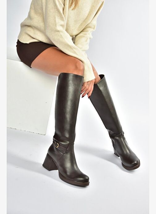 V312310209 Kahverengi Kalın Topuklu Kadın Çizme - Görsel 5