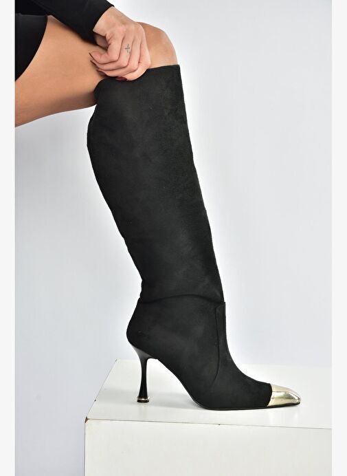 V752574102 Siyah Süet İnce Topuklu Kadın Çizme - Görsel 3