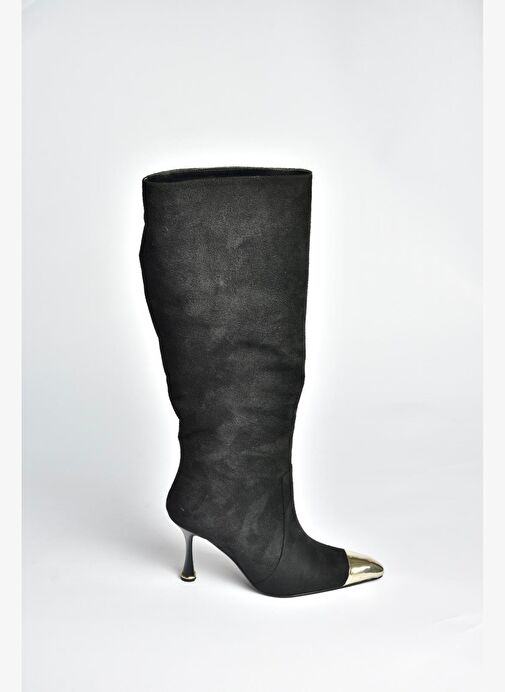 V752574102 Siyah Süet İnce Topuklu Kadın Çizme - Görsel 7